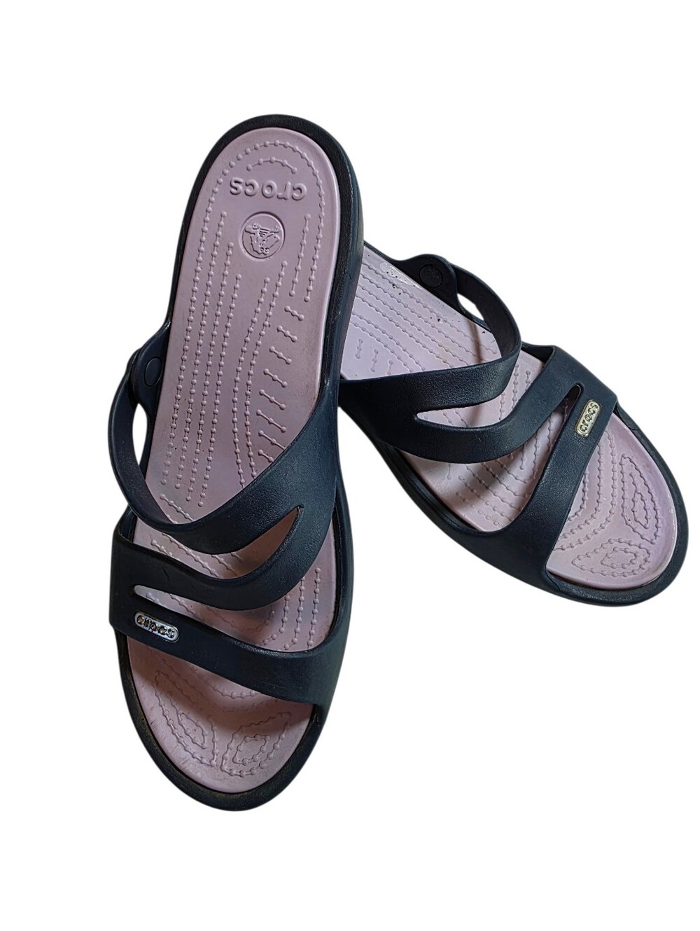 Crocs Patricia Navy And Lavender Low Wedge Slide Sandals Size 9 EUC